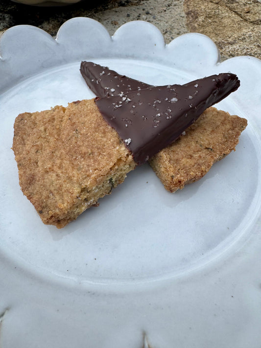 Gluten Free Chocolate Dipped Salted Rosemary Thyme Shortbread
