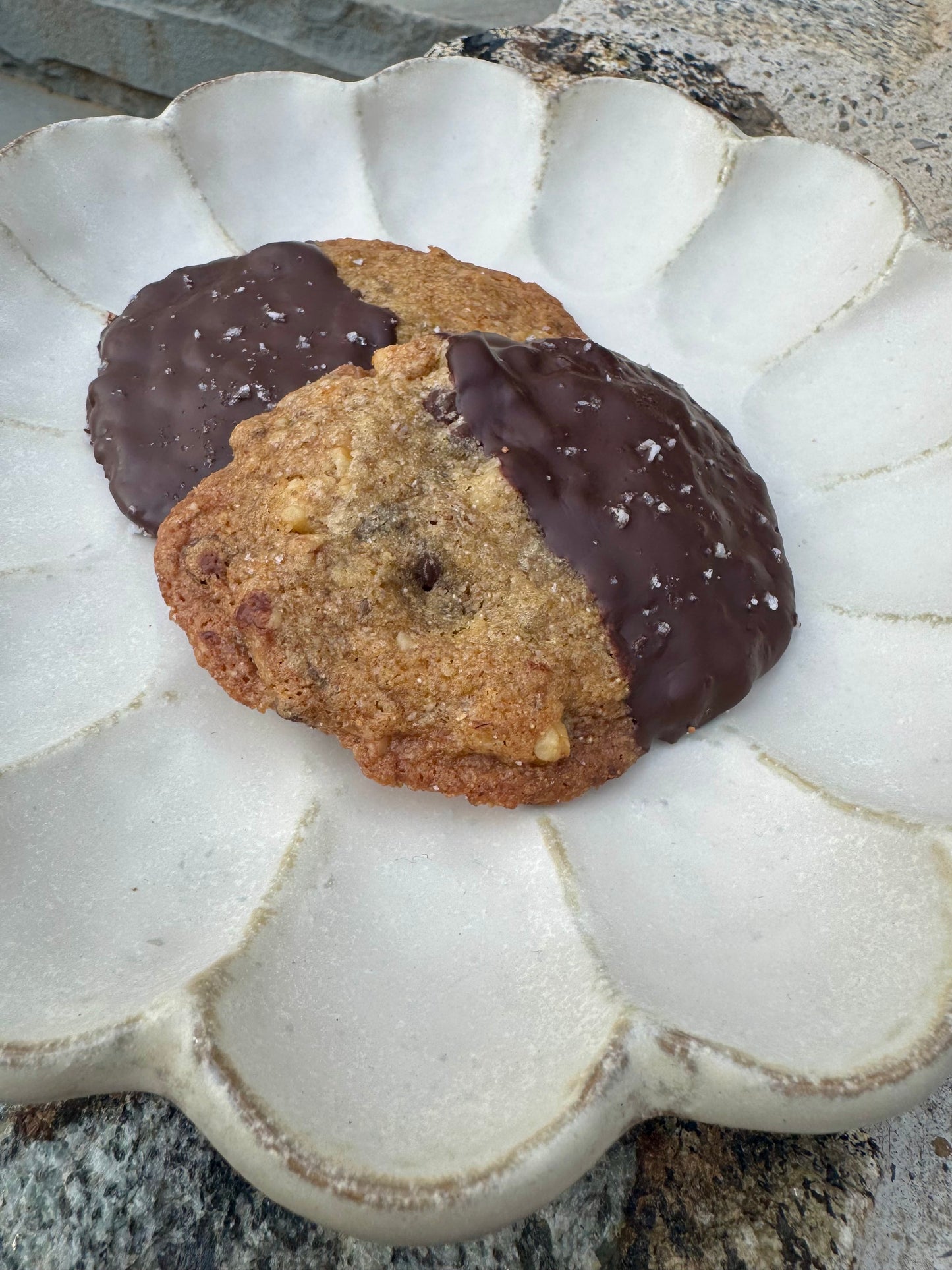 Chocolate Dipped Salted Rye Chocolate Chip Walnut Cookies