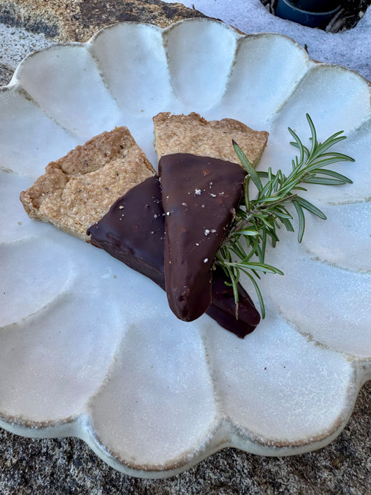 Chocolate Dipped Salted Rosemary Thyme Shortbread