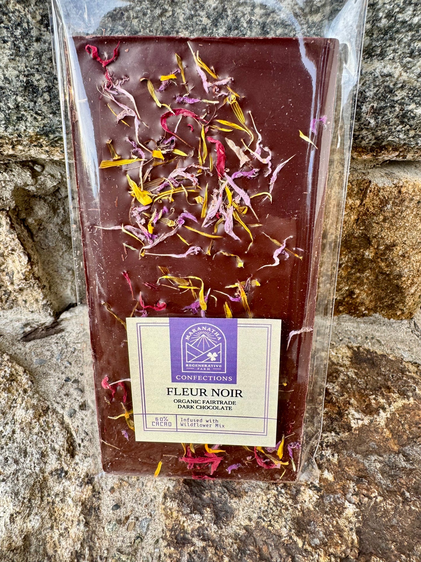 Fleur Noir — Organic Fair Trade French Dark Chocolate Bar with Bee Balm & Calendula Petals
