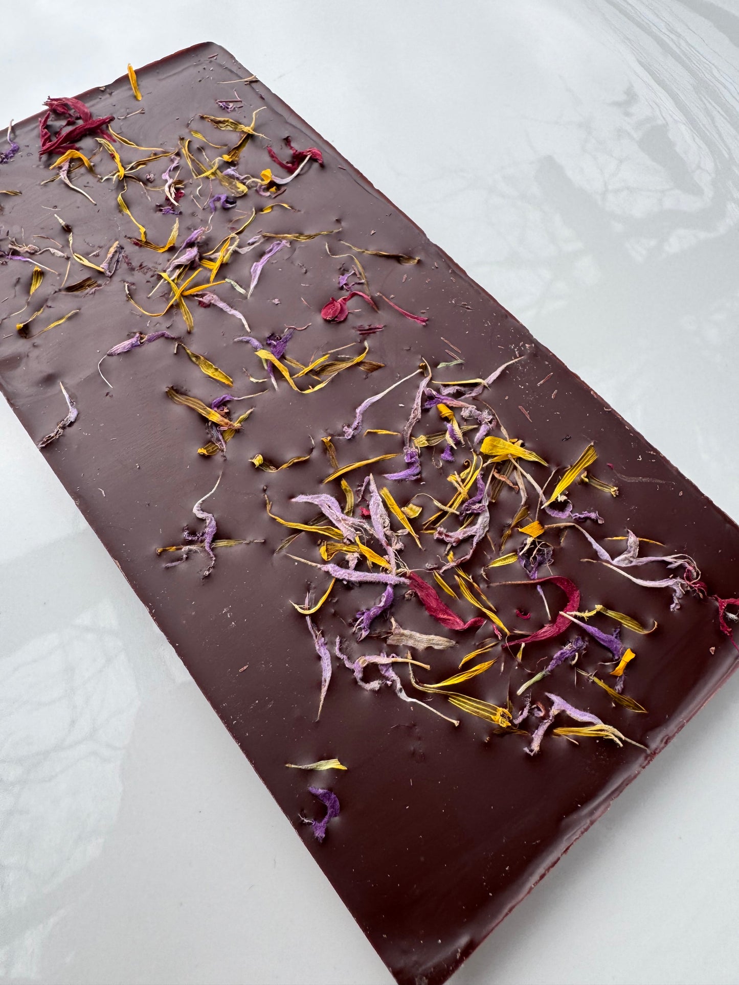 Fleur Noir — Organic Fair Trade French Dark Chocolate Bar with Bee Balm & Calendula Petals