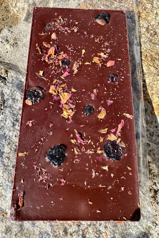 Fleur Noir — Organic Fair Trade French Dark Chocolate Bar with Blueberries and Rose Petals